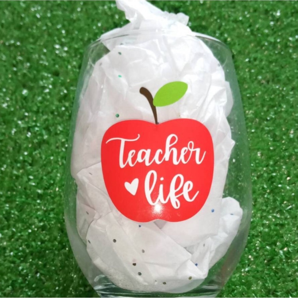 Teacher Life Wine Glass with Red Apple Design